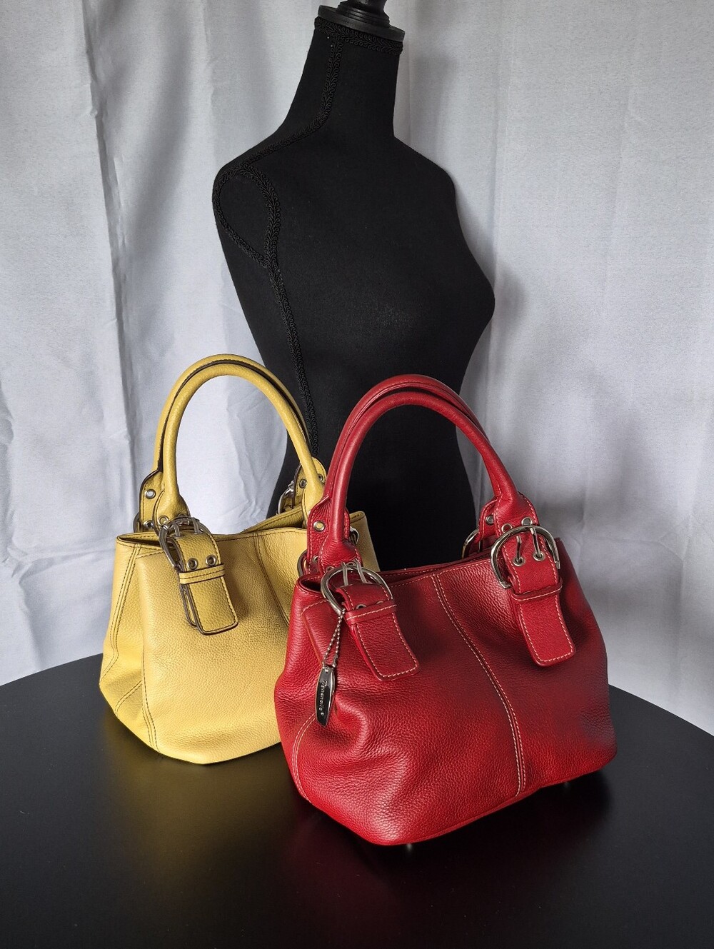 Lot Of 2 Tignanello Small Leather Tote Bags Red Yellow Double Top Handles Buckle